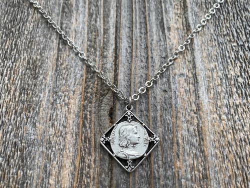 Silver Plated St Joan of Arc Medal Pendant Necklace, Antique Replica of Rare French Medallion, Saint Jeanne d'Arc Medallion from France