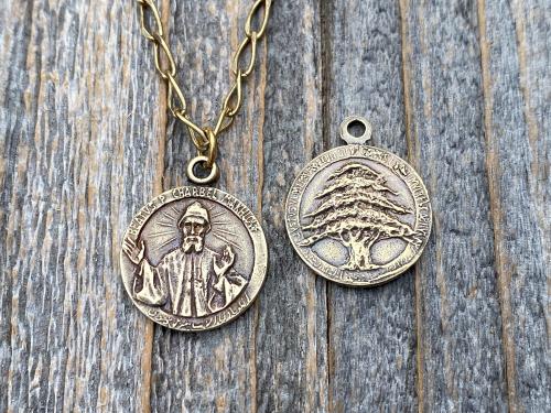 Antique Gold St Charbel Makhlouf Medal Pendant Necklace, Replica of Rare Saint Sharbel Charm, Lebanese Saint, Miraculous Healing Intercessor