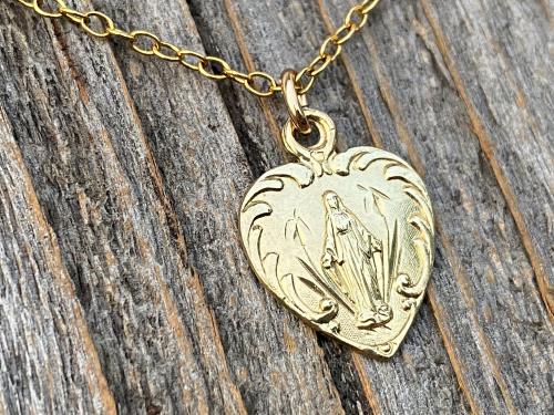 Shiny Gold Dainty Blessed Virgin Mary Heart Pendant Necklace, French 19th Century Antique Replica, Small Our Lady Medallion from France H3