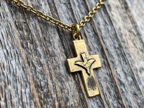 Antique Gold Small Descending Holy Spirit Cross Pendant Necklace, Antique Replica, Descending Dove, Holy Ghost Medal Veni Sancte Spiritus C1