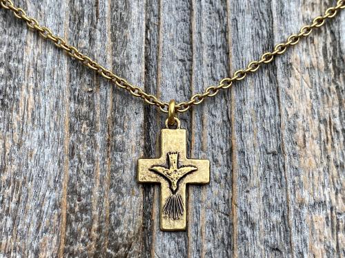 Antique Gold Small Descending Holy Spirit Cross Pendant Necklace, Antique Replica, Descending Dove, Holy Ghost Medal Veni Sancte Spiritus C1