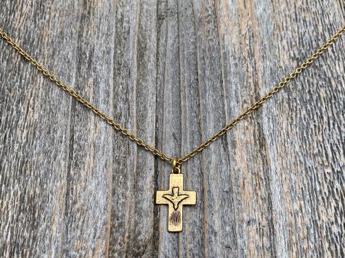 Antique Gold Small Descending Holy Spirit Cross Pendant Necklace, Antique Replica, Descending Dove, Holy Ghost Medal Veni Sancte Spiritus C1