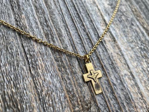 Antique Gold Small Descending Holy Spirit Cross Pendant Necklace, Antique Replica, Descending Dove, Holy Ghost Medal Veni Sancte Spiritus C1