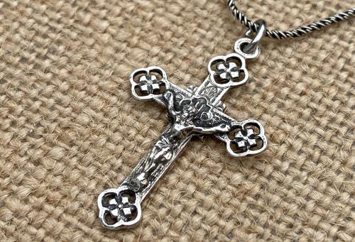 Sterling Silver Antique Replica French Crucifix, Souvenir of Lourdes, Pendant Necklace, Crucifix Cross from France, Notre Dame de Lourdes