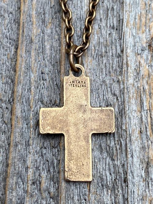 Bronze Small Descending Holy Spirit Cross Pendant Necklace, Antique Replica, Descending Dove, Holy Ghost Medallion, Veni Sancte Spiritus, C1