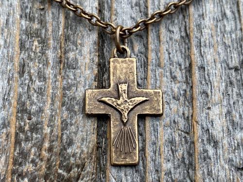 Bronze Small Descending Holy Spirit Cross Pendant Necklace, Antique Replica, Descending Dove, Holy Ghost Medallion, Veni Sancte Spiritus, C1