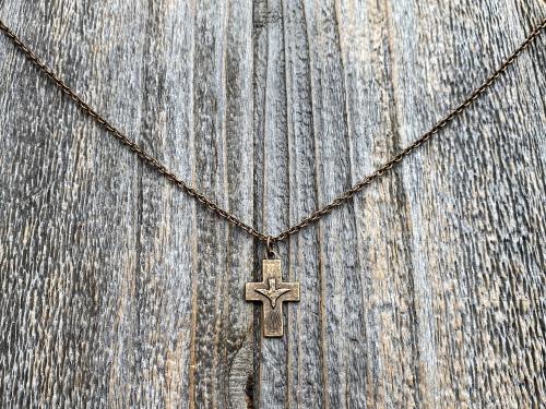 Bronze Small Descending Holy Spirit Cross Pendant Necklace, Antique Replica, Descending Dove, Holy Ghost Medallion, Veni Sancte Spiritus, C1