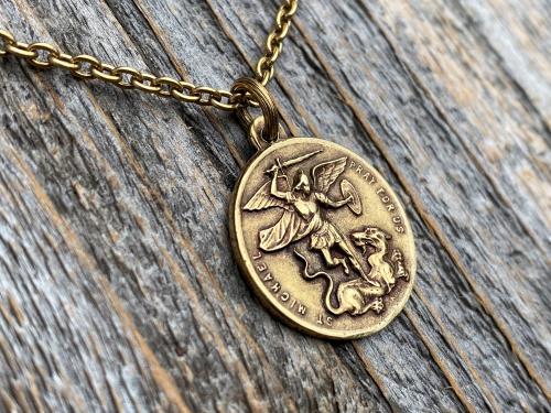 Antique Gold St Michael the Archangel & Guardian Angel Medal Pendant Necklace, Antique Replica, Two-Sided Protection Medallion