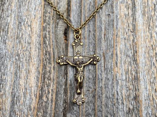 Antique Gold Sacred Heart of Jesus Crucifix, Pendant Necklace, Antique Replica, Large Gold Crucifix, Big Gold Sacred Heart Pendant Medallion