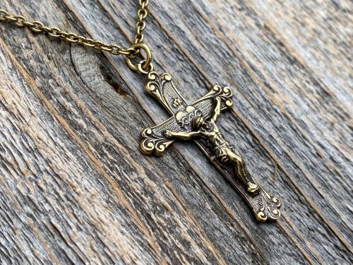 Antique Gold Sacred Heart of Jesus Crucifix, Pendant Necklace, Antique Replica, Large Gold Crucifix, Big Gold Sacred Heart Pendant Medallion