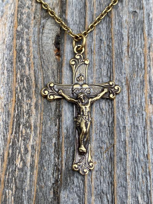 Antique Gold Sacred Heart of Jesus Crucifix, Pendant Necklace, Antique Replica, Large Gold Crucifix, Big Gold Sacred Heart Pendant Medallion