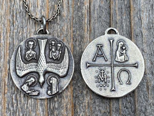 Large Sterling Silver 5 Way Medal Pendant Necklace, Antique Replica, Big 4 Way Medallion, from France by Artists JB and PCH, Descending Dove