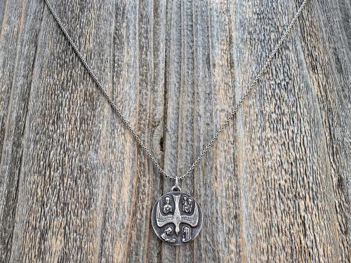 Large Sterling Silver 5 Way Medal Pendant Necklace, Antique Replica, Big 4 Way Medallion, from France by Artists JB and PCH, Descending Dove