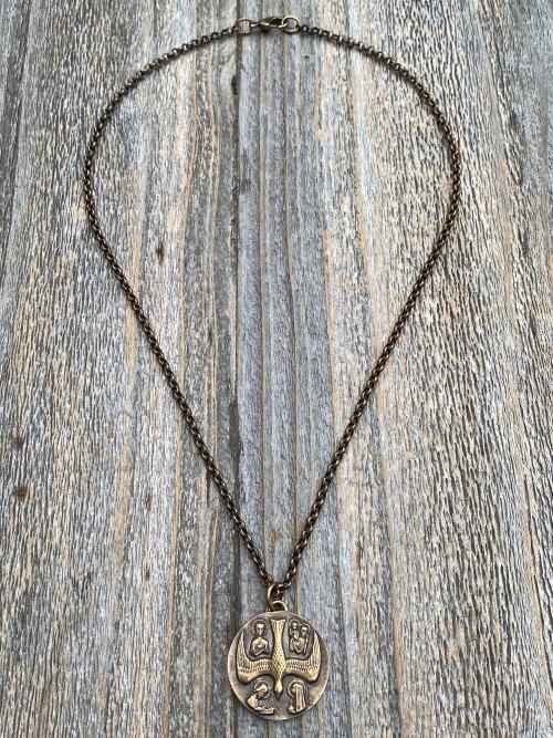 Large Bronze 5 Way Medal Pendant Necklace, Antique Replica, Rare Big 4 Way Medallion, from France by Artists JB and PCH, Descending Dove