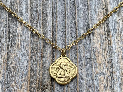 Antiqued Gold Plated Angel Medal Pendant Necklace, Antique Replica, Quatrefoil Shape, Reproduction of French Antique Medallion, Cherub Charm