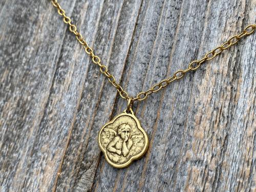 Antiqued Gold Plated Angel Medal Pendant Necklace, Antique Replica, Quatrefoil Shape, Reproduction of French Antique Medallion, Cherub Charm