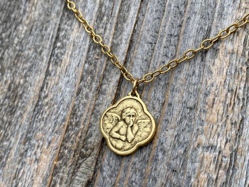 Antiqued Gold Plated Angel Medal Pendant Necklace, Antique Replica, Quatrefoil Shape, Reproduction of French Antique Medallion, Cherub Charm