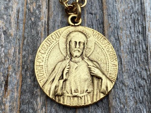 Antique Gold Plated Scapular Pendant Necklace, Antique Replica, Artist Tricard, French Medallion, Sacred Heart of Jesus, Our Lady Mt Carmel