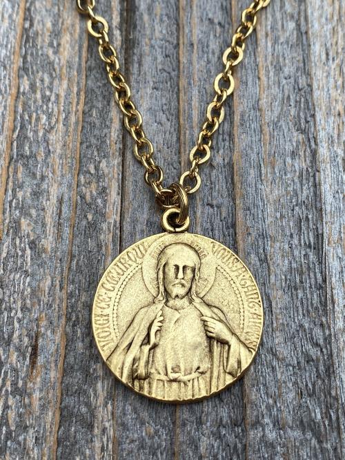 Antique Gold Plated Scapular Pendant Necklace, Antique Replica, Artist Tricard, French Medallion, Sacred Heart of Jesus, Our Lady Mt Carmel