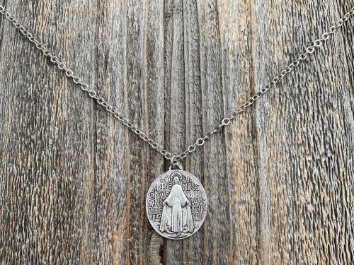 Silver Plated Large French Miraculous Medal, Antique Replica, Pendant Necklace, By artists PCH & JB, Miraculous Medallion from France MM1