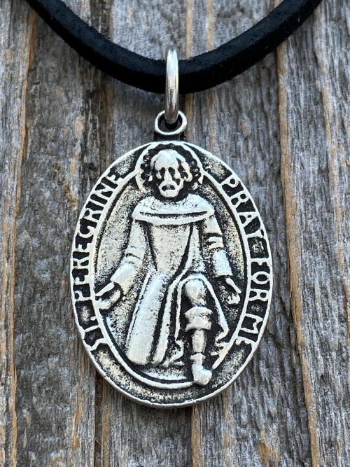 Antiqued Pewter St Peregrine Laziosi Medal Pendant Necklace, Antique Replica, Saint of Cancer, Saint Peregrinus Pellegrino, Pray for Me