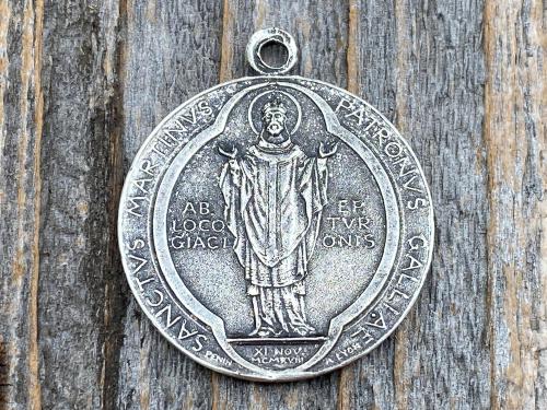 Sterling Silver Latin St Martin of Tours Medal Pendant Necklace, Antique Replica, Sanctus Martinus Turonensis Bishop of Tours, by Penin Lyon