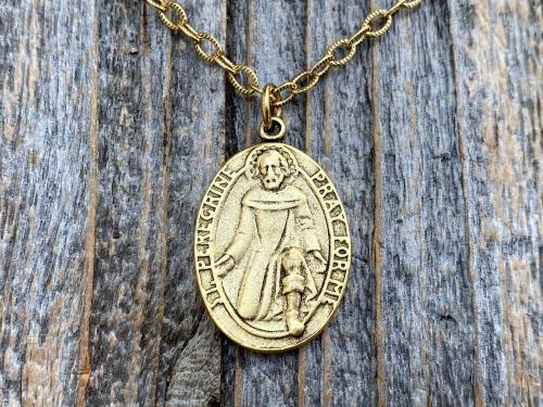 Antique Gold Plated St Peregrine Laziosi Medal Pendant Necklace, Antique Replica, Saint of Cancer, Saint Peregrinus Pellegrino, Pray for Me