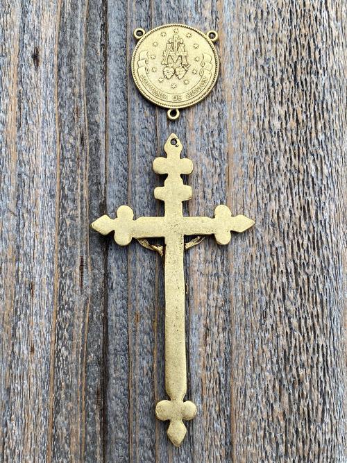 Antiqued Gold Large Miraculous Medal Rosary Center and/or Crucifix, French Antique Replicas, Rare Oversized Rosary Parts, 1.25 inch Center