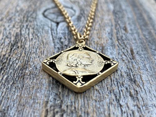 Antique Gold Plated St Joan of Arc Medal Pendant Necklace, Antique Replica of Rare French Medallion, St Jeanne d'Arc Medallion from France