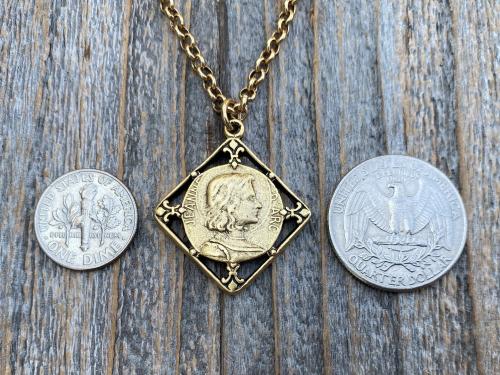 Antique Gold Plated St Joan of Arc Medal Pendant Necklace, Antique Replica of Rare French Medallion, St Jeanne d'Arc Medallion from France