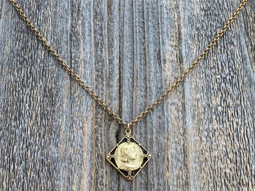 Antique Gold Plated St Joan of Arc Medal Pendant Necklace, Antique Replica of Rare French Medallion, St Jeanne d'Arc Medallion from France