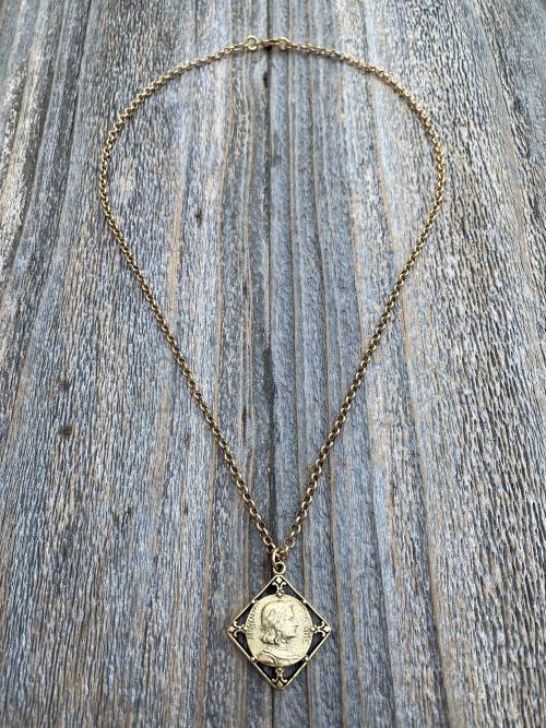 Antique Gold Plated St Joan of Arc Medal Pendant Necklace, Antique Replica of Rare French Medallion, St Jeanne d'Arc Medallion from France