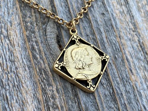 Antique Gold Plated St Joan of Arc Medal Pendant Necklace, Antique Replica of Rare French Medallion, St Jeanne d'Arc Medallion from France