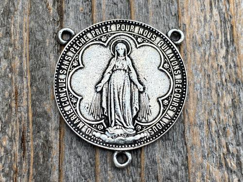 Antiqued Pewter Large Miraculous Medal Rosary Center and/or Crucifix, French Antique Replicas, Rare Oversized Rosary Parts, 1.25 inch Center