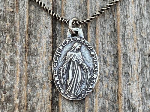 Sterling Silver St Michael & Miraculous Medal Cluster Pendant Necklace, French Antique Replica Medallions, Signed by artist PY, Archangel