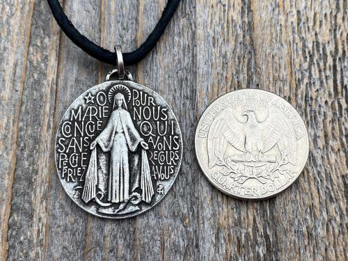 Antiqued Pewter Large French Miraculous Medal, Antique Replica, Pendant Necklace, By artists PCH & JB, Miraculous Medallion from France MM1