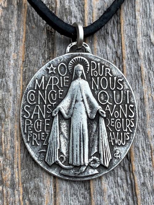 Antiqued Pewter Large French Miraculous Medal, Antique Replica, Pendant Necklace, By artists PCH & JB, Miraculous Medallion from France MM1