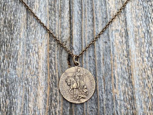 Bronze Latin St Martin of Tours Medal Pendant Necklace, French Antique Replica, Sanctus Martinus Turonensis Bishop of Tours, by Penin Lyon