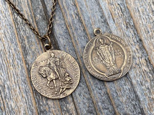 Bronze Latin St Martin of Tours Medal Pendant Necklace, French Antique Replica, Sanctus Martinus Turonensis Bishop of Tours, by Penin Lyon