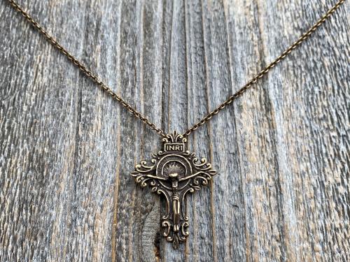 Bronze Artisan Crucifix, Antique Replica, Crucifix Pendant Necklace, Large and Elegant Bronze Crucifix, Bail on Backside, Radiant Crucifix