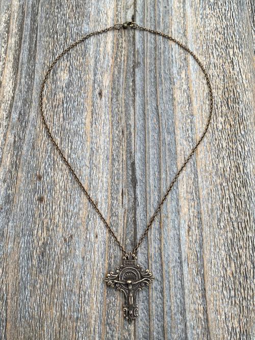 Bronze Artisan Crucifix, Antique Replica, Crucifix Pendant Necklace, Large and Elegant Bronze Crucifix, Bail on Backside, Radiant Crucifix