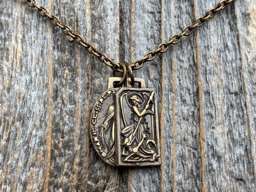 Bronze Saint Michael and/or Miraculous Medal Cluster Pendant Necklace, French Antique Replica Medallions, Signed by PY, Layered Pendants