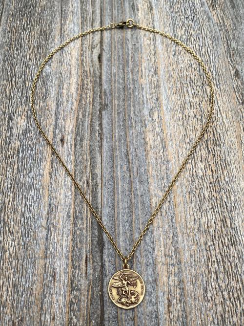 Antique Gold St Michael the Archangel & Guardian Angel Medal Pendant Necklace, Antique Replica, Two-Sided Protection Medallion