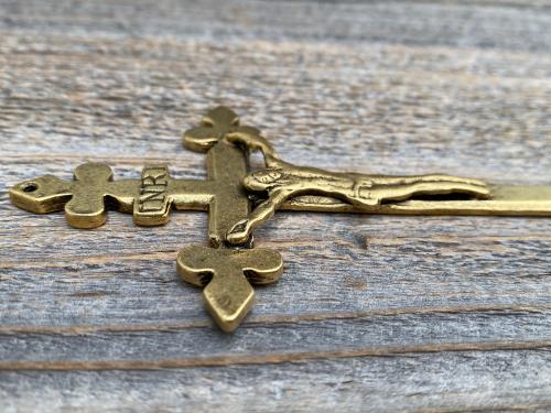 Antique Replica Small French Wall Crucifix, your choice of Antiqued Gold, Antiqued Pewter or Rust Brown, Rare 4 inch Crucifix from France