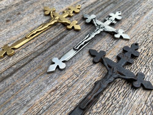 Antique Replica Small French Wall Crucifix, your choice of Antiqued Gold, Antiqued Pewter or Rust Brown, Rare 4 inch Crucifix from France