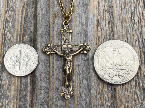 Antique Gold Sacred Heart of Jesus Crucifix, Pendant Necklace, Antique Replica, Large Gold Crucifix, Big Gold Sacred Heart Pendant Medallion