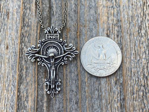 Sterling Silver Artisan Crucifix, Antique Replica, Crucifix Pendant Necklace, Large and Elegant Sterling Silver Crucifix, Bail on Backside