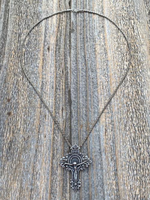 Sterling Silver Artisan Crucifix, Antique Replica, Crucifix Pendant Necklace, Large and Elegant Sterling Silver Crucifix, Bail on Backside