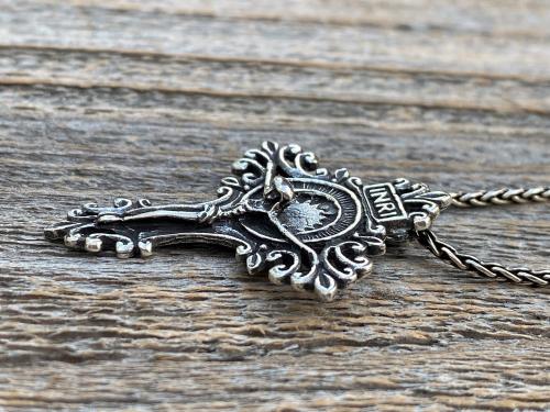 Sterling Silver Artisan Crucifix, Antique Replica, Crucifix Pendant Necklace, Large and Elegant Sterling Silver Crucifix, Bail on Backside