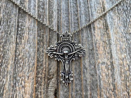 Sterling Silver Artisan Crucifix, Antique Replica, Crucifix Pendant Necklace, Large and Elegant Sterling Silver Crucifix, Bail on Backside